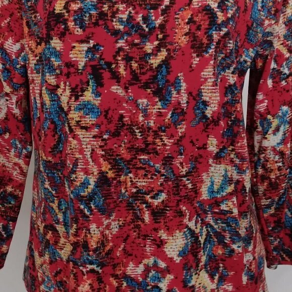 Rafaella |  Black Leather Red Multi Print Top | Size L - Picture 2 of 8